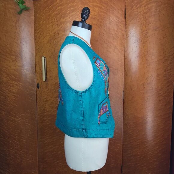 VINTAGE 80’s Acid Wash Southwestern Denim Vest S - Picture 2 of 14